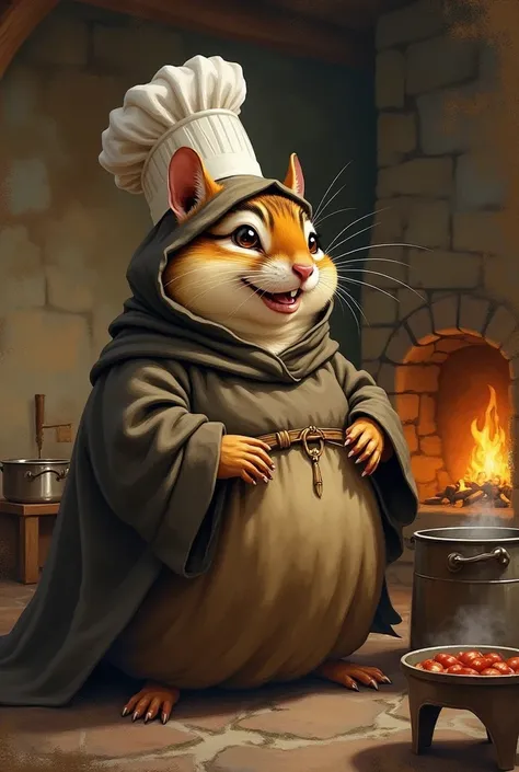 Extremely fat chipmunk in monk robes, wearing shirt, impressionist painting, cute, cooking in medieval kitchen, chef’s hat, buck teeth