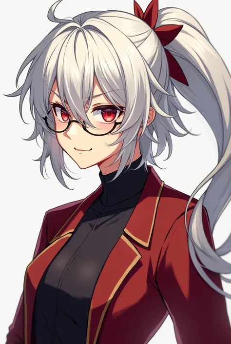  is a guy with white hair ,  with red eyes, prince,  Anime style,  short hair, serious look,  full-length tail, mocking look ,  mocking look , evil smile,  height broad-shoulder,  fit figure , round glasses,  slightly long hair up to the shoulders in a pon...