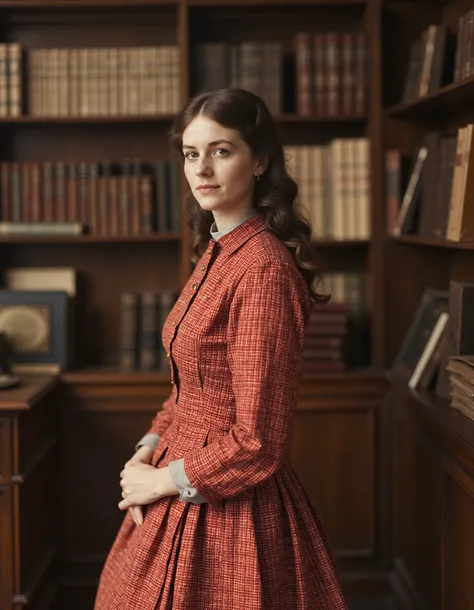 (Color photographs with correct historical evidence)、Of a beautiful woman standing in an old bookstore in 19th-century London、 vintage autochrome photo ,  of a beautiful woman in a red gingham check dress ,  motion blur, radial blur 