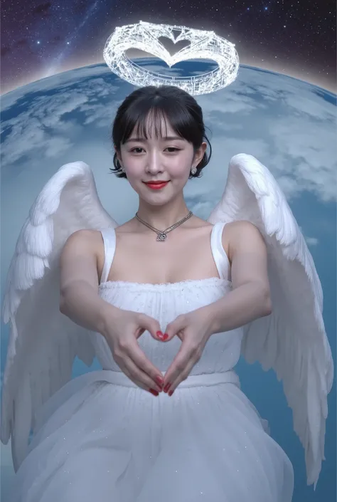 A photorealism of a young girl as an angel, sitting on the vast curved of earth above the clouds with starry outer space. A magnificent heart-shape constellation in the background.She has short black wavy bobcut hairstyle and cute bangs covering her face, ...