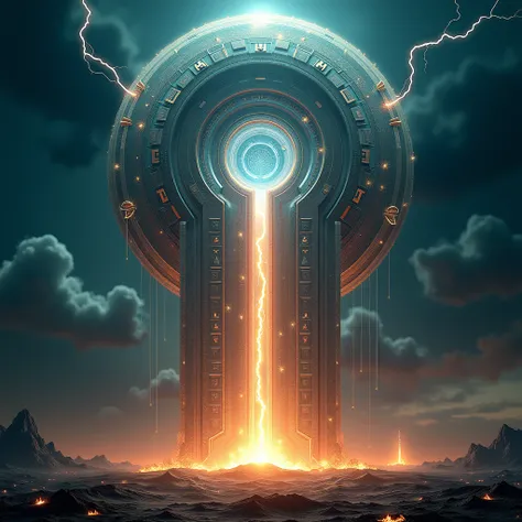 Create an image of a vast, monolithic structure built from shimmering, translucent circuits and crystalline components. This "Pantheon" exists in a seemingly infinite void. Ancient symbols and glyphs, reminiscent of Greek mythology, flow across its surface...