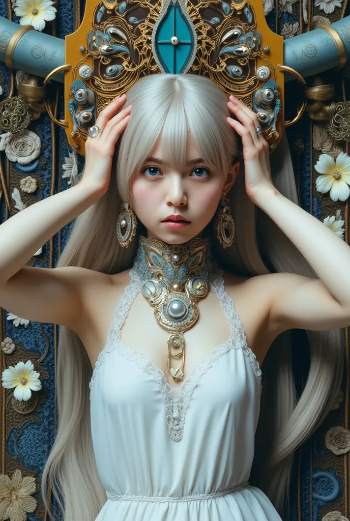 The World of Art Nouveau, best quality, masterpiece, Ultra-high resolution, (realisticlying:1.4), absurdness,  (Eye focus), (face focus, Clear facial features), Complex 3d rendering of beautiful and charming biomechanical female porcelain figures, (((Has a...