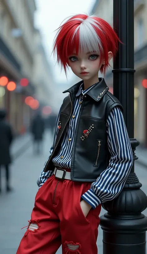 BJD style, Gothic style,  boy, red and white gradient hair, gray eyes, white rivet collar, blue and white vertical striped collared long-sleeved thin shirt, shirt half tucked into pants, loose red tie, white belt, white trousers with holes, shirt cuffs tur...