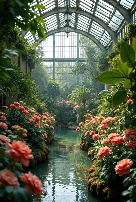  Amidst an exuberant paradise ,  where nature reveals itself in vibrant colors and magnificent details ,  a tropical conservatory stands as a sanctuary of life .  Rose gardens bloom around , exuding soft fragrances ,  as the light breeze dances between lea...