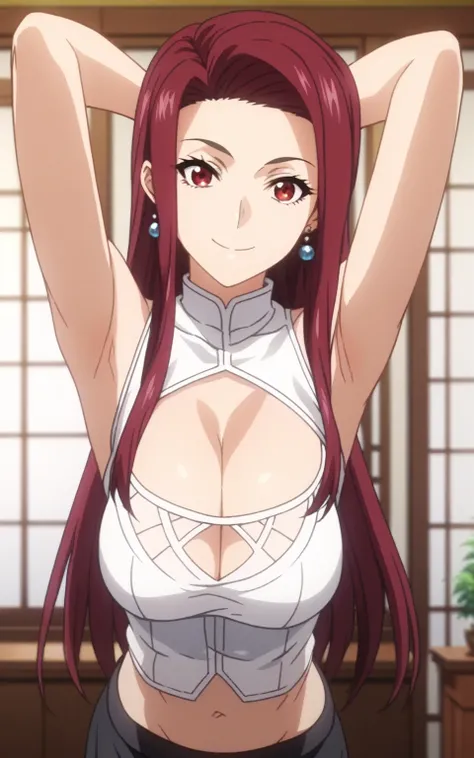 score_9, score_8_up, score_7_up, source_anime, masterpiece, best quality, amazing quality, anime screencap, 1girl, solo, ryouko sakaki, red hair, long hair, mature woman, large breasts, red eyes, cleavage, earrings, midriff, clothing cutout, white top, sle...