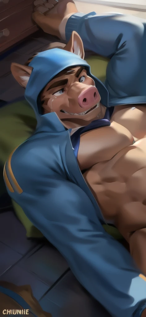     alone, Male tall    , Big torso    , Lying on the floor   , Free room  , Clumps,pig crocodile​ ,Crocodile tail  , blue Tracksuit​ soldier​ ,     overload   ,     tie the muscles  ,  crying , by chunie    