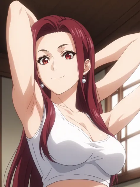 score_9, score_8_up, score_7_up, source_anime, masterpiece, best quality, amazing quality, anime screencap, 1girl, solo,  ryouko sakaki, red hair, long hair, mature woman, large breasts, red eyes, cleavage, earrings, midriff, clothing cutout, white top, sl...