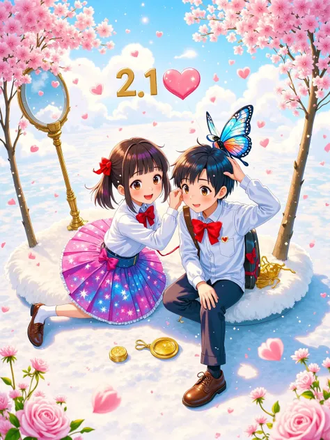 Transparent watercolor texture, White space artistic processing. Q version couple sitting on a letter written by a feather pen, Girl's skirt is dyed into a pink and blue starry sky, Boy's bow tie turns into a butterfly and rests on his shoulder. Floating d...