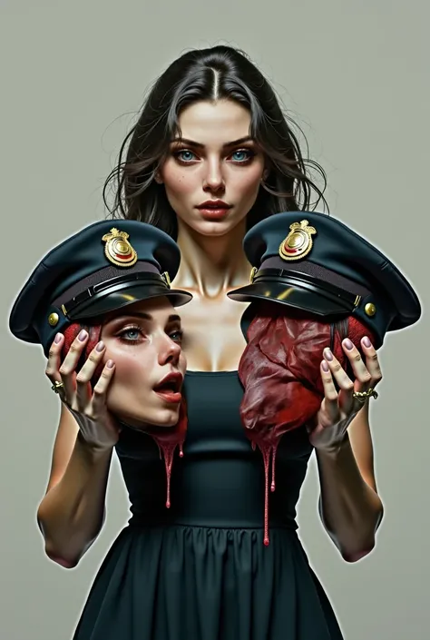 Woman holding two heads cut by the hair of the heads of a man wearing police caps that the faces of the heads are different