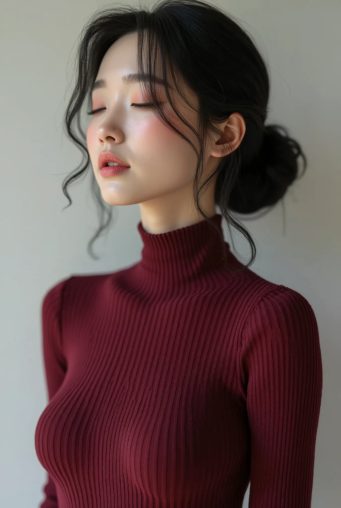  female breast、Realistic clothing texture 、 Japanese woman 、30th Generation、 Tiny Breasts 、burgundy tight sweater、 close your eyes