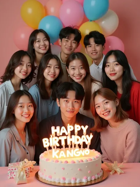 Photo of 8 Koreans , 4 girls and 5 guys have more birthdays in front of him there is a birthday cake that says HAPPY BIRTHDAY KANG NO background in the studio lots of balloons and gifts facing the camera 