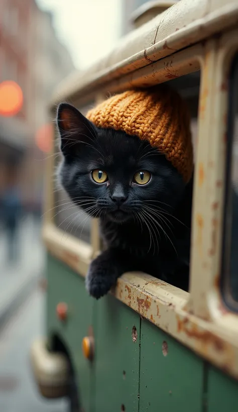 A black kitten looking at me from a bus with an open window　A woolen hat on a cat's head　Buses are cat size　It's like showing a cat from outside