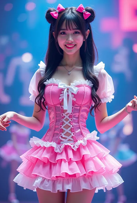 Create a highly detailed, realistic image of a young woman with long, dark hair styled with two small pink bows on either side. She is wearing a vibrant and transparent shinning glossy pink short dress that has a layered, frilly design with white ruffled e...