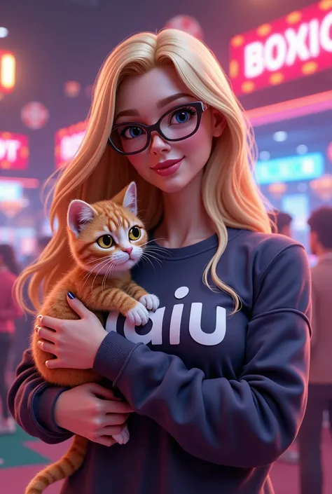 3D gaming woman logo "holds a cat  , She has long blond hair she wears glasses and in her sweatshirt it says  "Daiu",  Casino background 