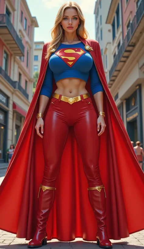 SEXY BLONDE FEMALE WITH BLUE EYES IN A LONG SLEEVE, blue buttonless open blouse, Classic "S" shield emblem on the right side of her chest, tied up below the breasts. Bottoms High-waisted RED pants in royal RED YELLOW belt with gold buckle Figure-hugging fi...