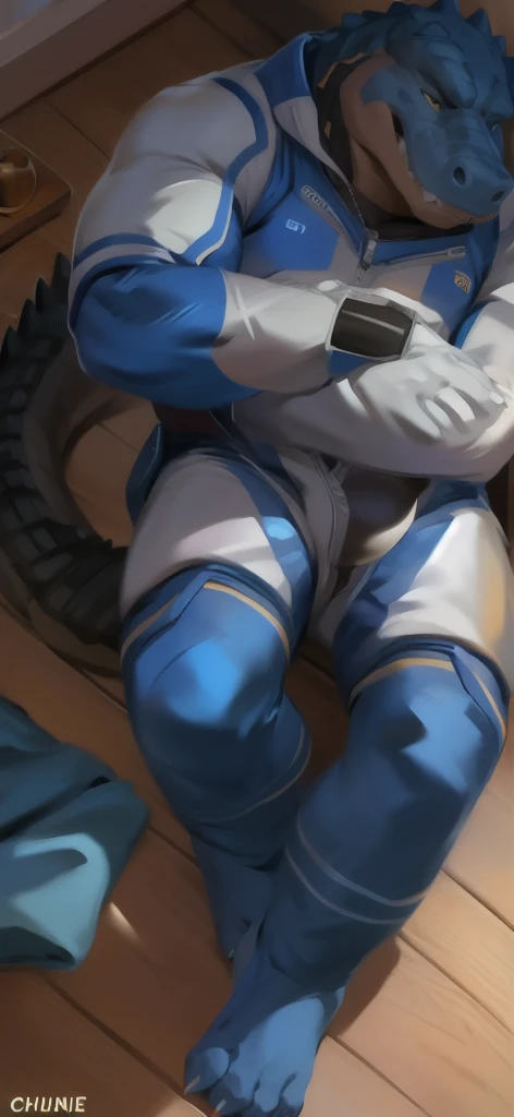     alone, Male tall    , Big torso    , Lying on the floor   , Free room ,pig crocodile​ ,Crocodile tail  , blue military​ spacesuit​ ,     overload   ,     tie the muscles  ,   crying severe , by chunie    