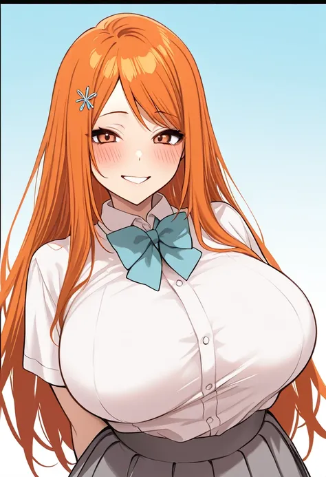 Solo, Master piece, absurd, 1 girl, orihime inoue  from bleach, orange  hair, ,Big saggy breast, , warm smile , blush,, perfect scene , Masterpiece, score 9, anime colors, AMERICAN SHOT, beautiful, composition, HARMONY, high quality ,beautiful,,perfect hip...