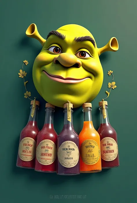  Create a logo. Shrek's head ,  above bottles