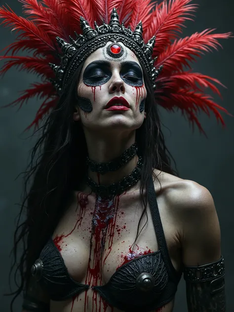 Beautiful Female cosmic entity,crown made from chains and feathers,with eye of Providence in the middle of her forehead,half skull half face,spilled with red and black fluid,dark makeup,dark surrealism,dark realistic photography, dark occult art,melancholi...