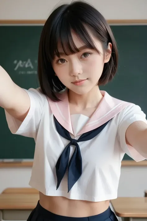 score_9, score_8_up, score_7_up, score_6_up, score_5_up, score_4_up, masterpiece, best quality, Cinematic photo, Japanese 16-year-old girl (short black hair, bangs reaching to her eyebrows), wearing a traditional Japanese sailor suit with a white top, pink...