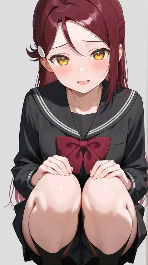 masterpiece,best quality ,1 girl ,looking at viewer , sakurauchi riko , from front , black serafuku , red bowtie , long sleeves , black socks , simple background , open mouth , Squatting , smile , hands on knees , shy 