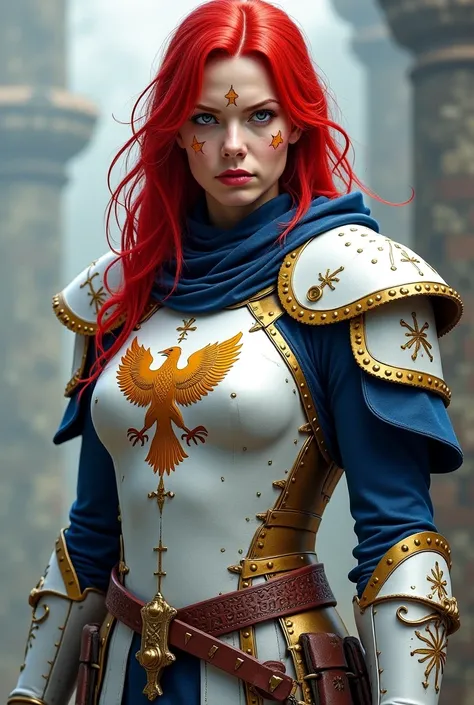 Create a warrior with a serious face,  musculosa, white skin, blood red hair, in medieval white and blue armor with an eagle emblem on the chest in an imposing pose, She has golden geometric marks on her face and golden eyes,  a sword around his waist 