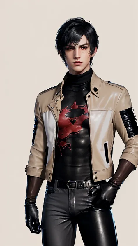 ,((jason todd)),((Final fantasy taste and reality graphics)), ((Japanese young cute and cool ikemen  boy)), ((face is no paint and no mask)),his age is early 20s, thin eyebrows and beady eyes, ((((he wearing only light beige color leather jacket)))),((((le...