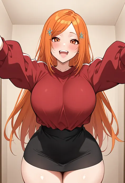 Solo, Master piece, absurd, 1 girl, orihime inoue  from bleach, orange  hair, ,Big saggy breast, , warm smile , blush,, perfect scene , Masterpiece, score 9, anime colors, AMERICAN SHOT, beautiful, composition, HARMONY, high quality ,beautiful,,perfect hip...