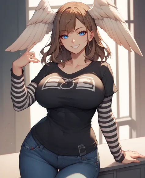 1 girl, solo, black short sleeve t-shirt, layered sleeves, white long sleeves, jeans, black t-shirt over white long sleeves, confident smile, large breasts, striped sleeves, black and white stripes, EunieXC3, head wings, blue eyes, medium hair, brown hair,...