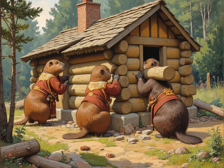 A group of anthropomorphic beavers constructing a log cabin, cabin half built, lifting logs, wearing robes, impressionist painting, cute, medieval, redwall