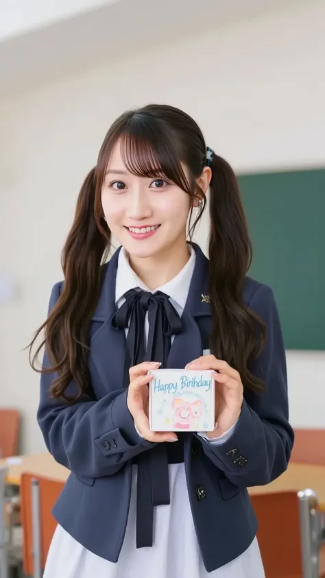 "A Japanese high school girl in a classroom, wearing a navy blue blazer, a collared blouse, a pleated skirt, and a necktie. She is holding out a gift box labeled 'Happy Birthday' towards the viewer with both hands, smiling warmly. The classroom has desks, ...