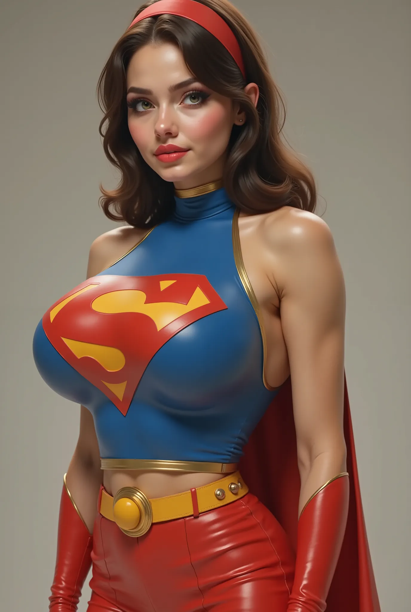 SEXY 20 YEAR OLD BRUNETTE WITH GREEN EYES WEARING A 1960s Supergirl TURTLE NECK halter top with iconic "S" shield, Sleeveless design with fitted bodice, RED micro leather SHORTS with high-cut leg Red go-go boots reaching mid-calf, a long Red cape attached ...