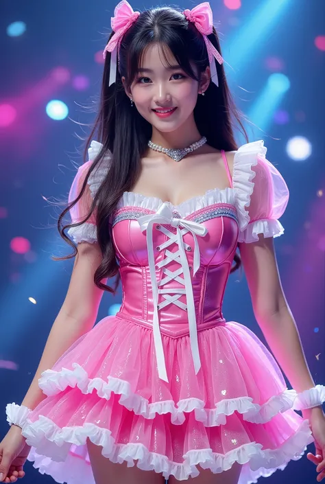 Create a highly detailed, realistic image of a young woman with long, dark hair styled with two small pink bows on either side. She is wearing a vibrant and transparent shinning glossy pink short dress that has a layered, frilly design with white ruffled e...