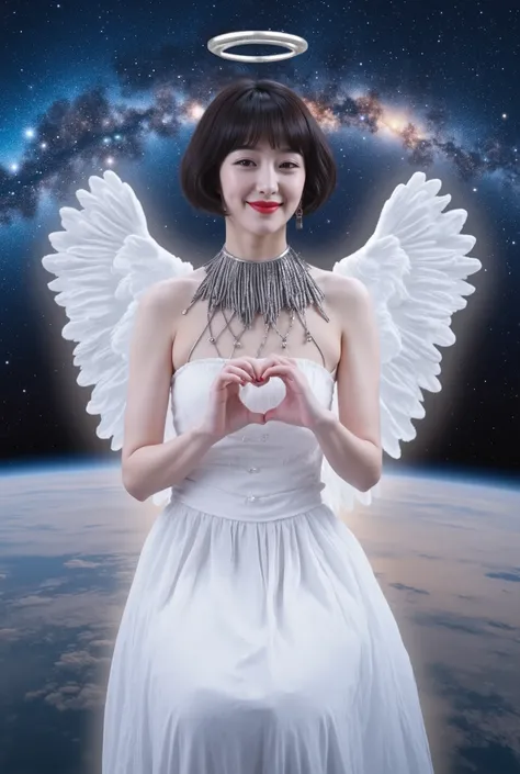 A photorealism of a young girl as an angel, sitting on the vast curved of earth above the clouds with starry outer space. A magnificent heart-shape constellation in the background.She has short black wavy bobcut hairstyle and cute bangs covering her face, ...