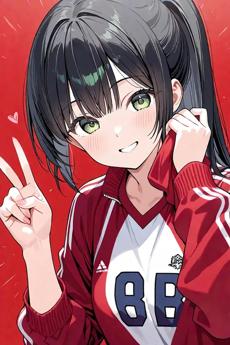  long black hair、 high school girl、 ponytail、 jerseys、 green eyes、 cute、smile