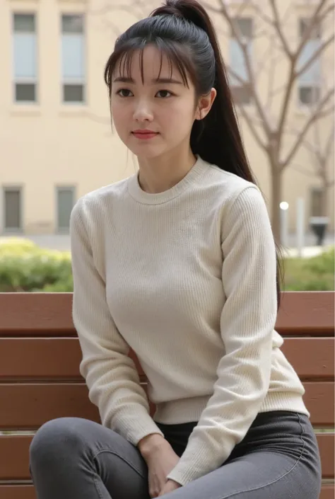 A modern urban outdoor scene featuring a confident woman seated on a wooden bench in a park-like environment. She is dressed in a fitted cream-colored sweater with a subtle texture, emphasizing elegance and comfort, paired with form-fitting gray leggings t...