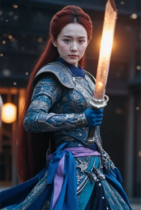 Ancient oriental swordswoman, crystal armor with navy blue and sapphire blue hues, long red hair cascading down back, deep blue eyes full of burning determination, holding a crystal sword glowing like sunlight, preparing to face a falling evil foe, mystica...