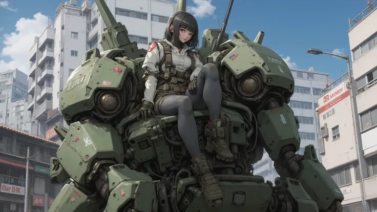 ８ｋ,  feels just like the real thing  、 Super Realism 、 realistic pictures、 A Japanese female pilot sits in a cockpit placed on the chest of a giant robot.、  black hair、 BOB CUT、 beautiful women、 moss green combat armored robots 、straight line, Rugged desig...