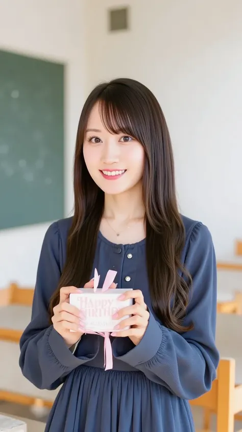 "A Japanese high school girl in a classroom, wearing a navy blue blazer, a collared blouse, a pleated skirt, and a necktie. She is holding out a gift box labeled 'Happy Birthday' towards the viewer with both hands, smiling warmly. The classroom has desks, ...