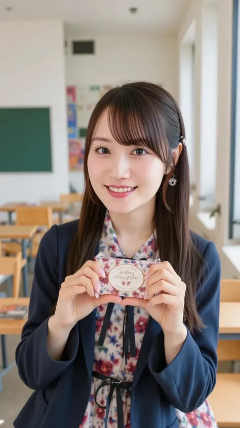 "A Japanese high school girl in a classroom, wearing a navy blue blazer, a collared blouse, a pleated skirt, and a necktie. She is holding out a gift box labeled 'Happy Birthday' towards the viewer with both hands, smiling warmly. The classroom has desks, ...