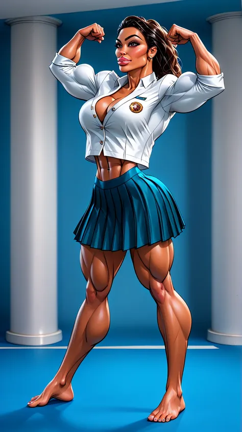 Fullbody view, (((from head to toes))), upright standing, 
She wears a (((business jacket and pleated skirt)))

She is a ((Latina)) billionaire CEO of a company that produces Wellness and beauty products. She is a obsessed with physical strength, beauty an...