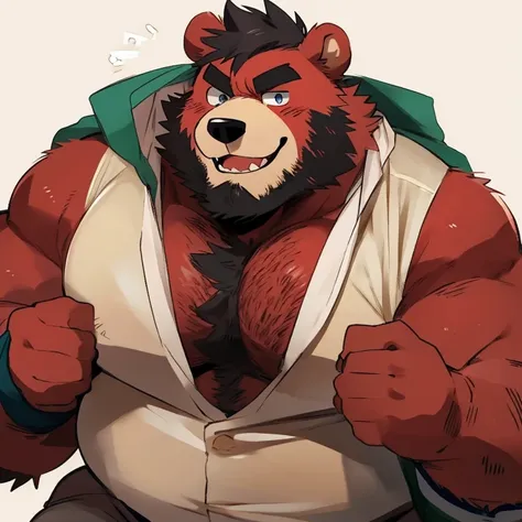 bear, furry, red fur, handsome, very muscular, very big, extremely hot and sexy, beard, hair, chest hair, charming eyes, solo, male, happy expression, daddy, full body, big body, clothes, middle aged, by hyaku, by darkgem, by glitter trap boy