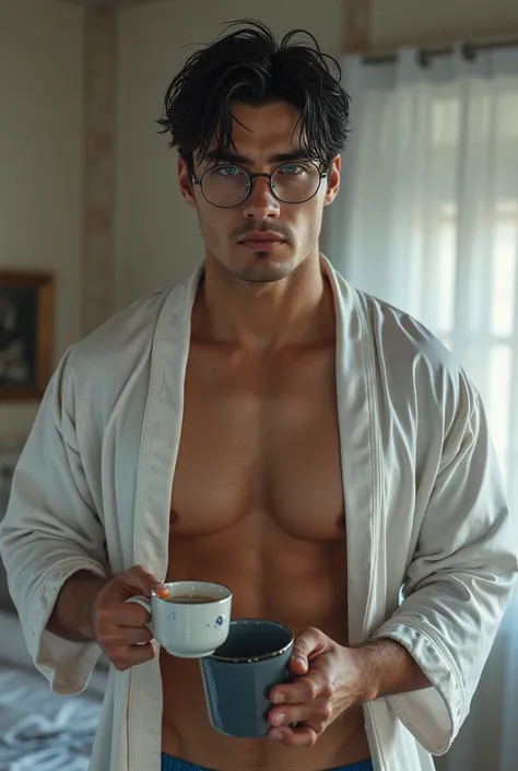 handsome man, high,  muscular,  sculptural body,  detailed light blue eyes, coxas grossas e Muscles definidos, messy wet black hair , wearing prescription glasses on her face ,  holding a mug with both hands at the height of the diaphragm , wearing a white...