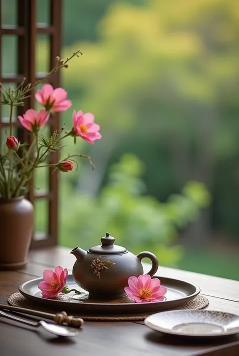 An image of a tea chicara with flowers and a beautiful table in a relaxing environment format 16/9