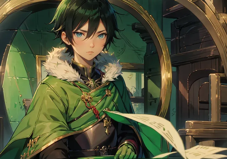 yuichiro hyakuya, (WithoutFear:1), 1 boy, black hair, green eyes, brown coat, gray armor, green shield, green cloak, dark brown gloves, town, white fur trim, tall, anime, standing, good quality, portrait, looking at viewer