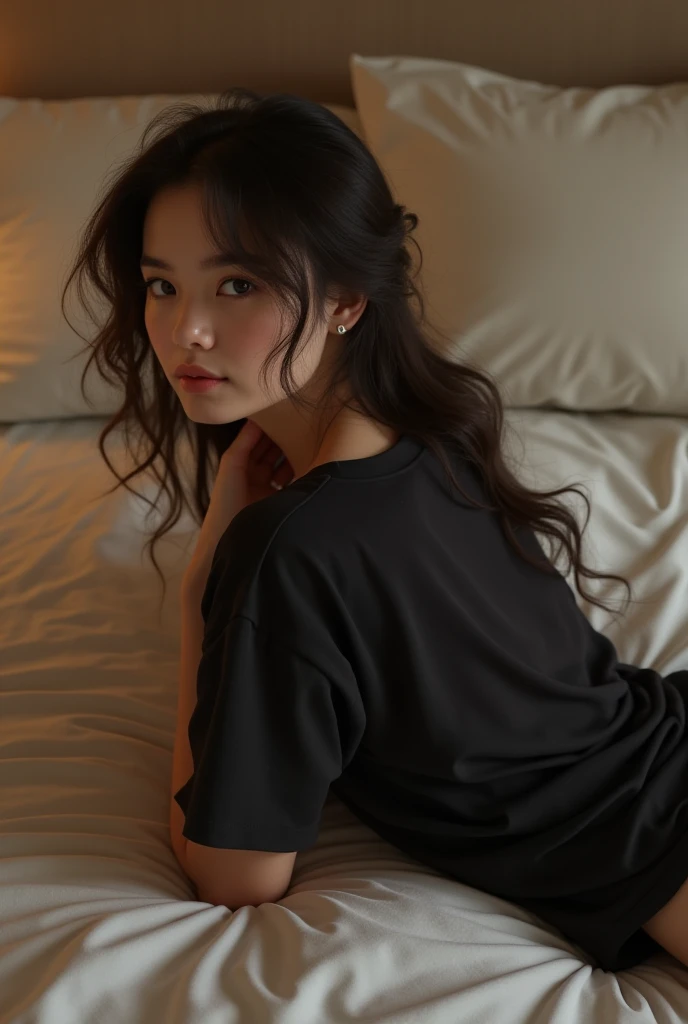 A beautiful girl lies on the bed on her stomach right from behind in a black t-shirt without underwear 