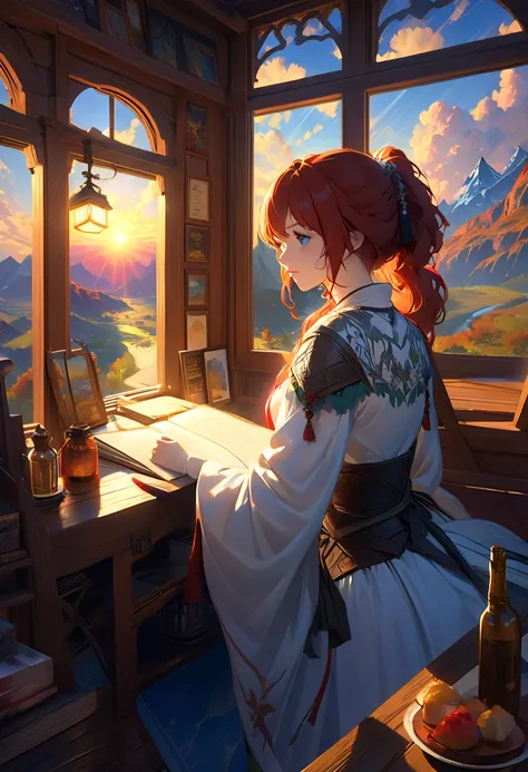 Young redhead woman, Medieval Tales Tavern, Intricate Detailed Colorful Interiors , Detailed intense sunrise lightning, Best Geometry,  Award-winning masterpiece , Extremely Fine Shadows and Lights , Best lighting, Best Shadow, Complex and busy setup, lies...