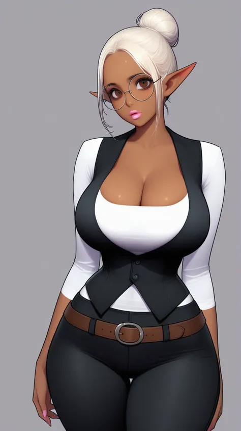 Gorgeous woman, elf, pretty lips, big eyes, brown eyes, hair bun, large breasts, large thighs, narrow waist, big hips,white shirt, black vest, black pants, brown belt, round glasses, dark skin, cleavage,