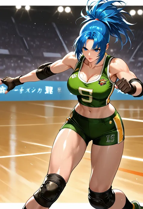 Leona heidern is uploading a green volleyball uniform, tank top, cleavage, tight athletic shorts, knee pads, athletic socks, elbow pads, knee pads,, the king of fighters,  blue hair ,