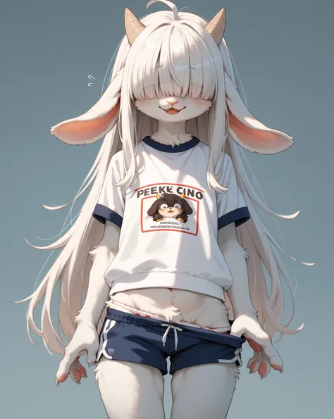 school girl , furry female goat , petit , geek , Introvert , long hair , bangs , hair over eyes , baggy sloppy school gym uniform , bold action , panty , (gym shorts pull:0.7)